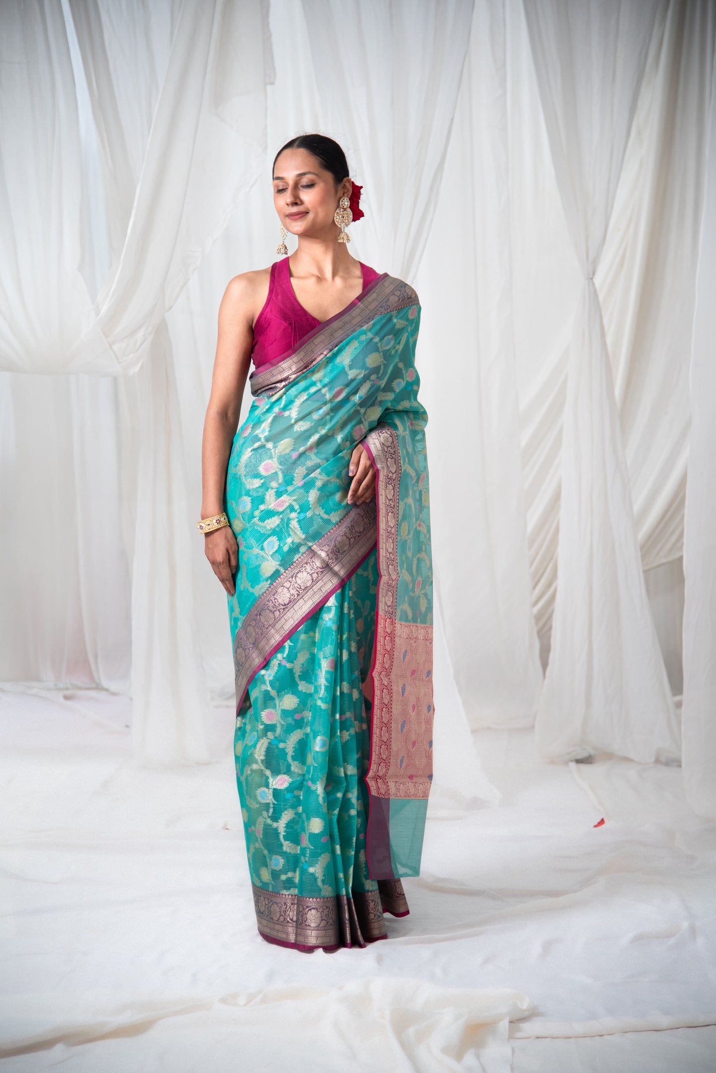 Banarasi Kota Organza Silk Meenakari Predraped Saree