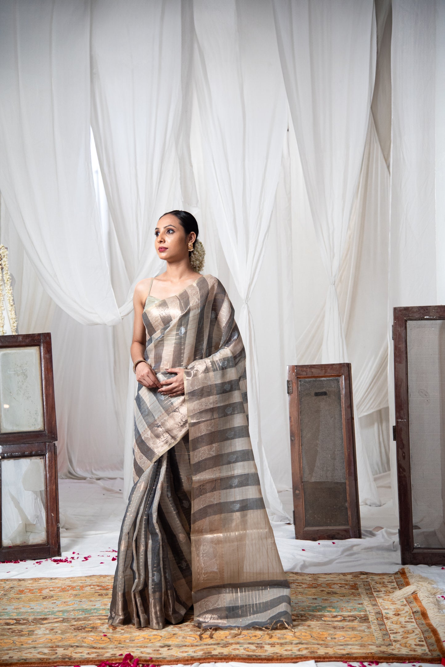 Banarasi Linen Tissue Silk Predraped Saree with Striped Design