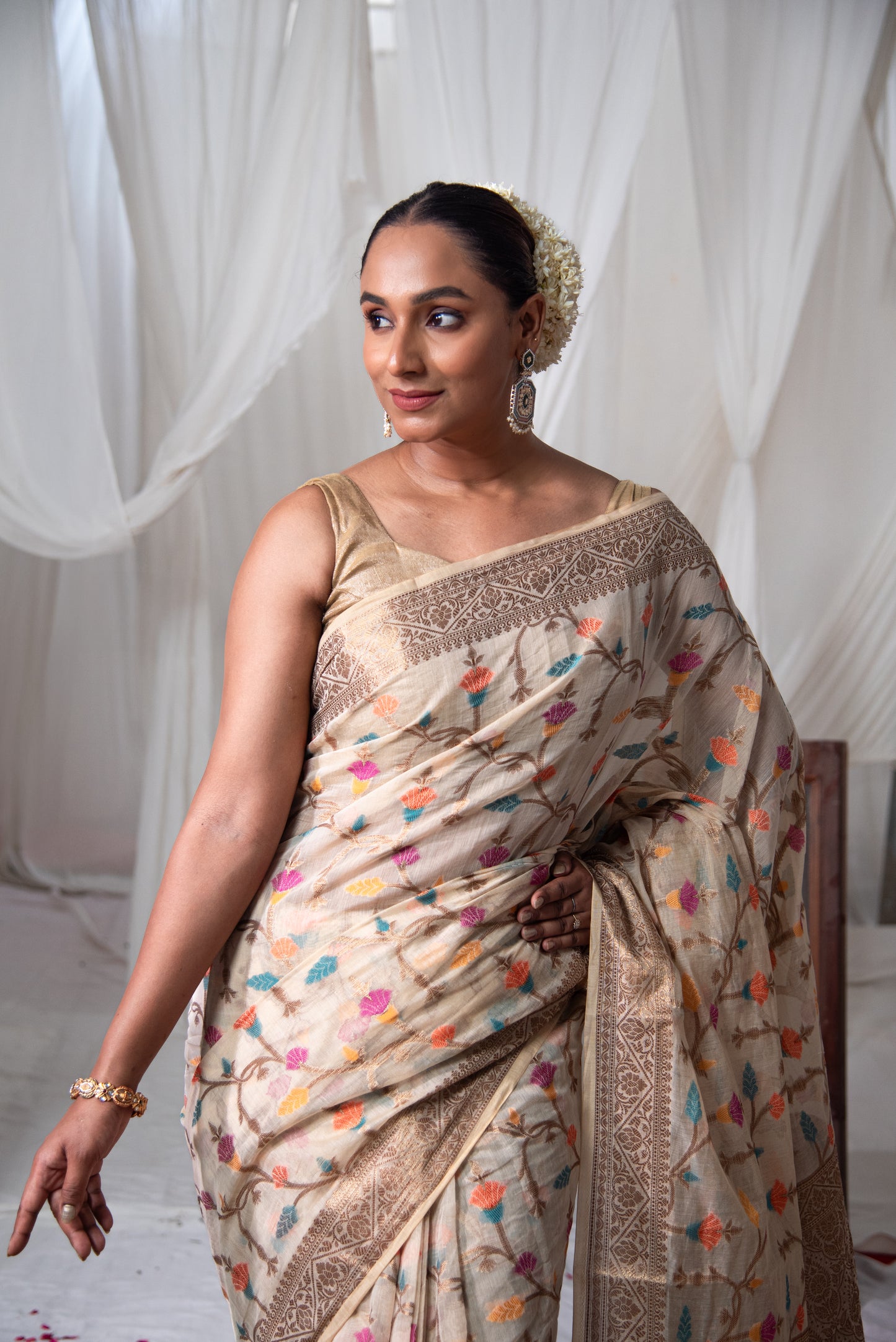 Banarasi Meena Check Tissue Pre Draped Saree with Intricate Details