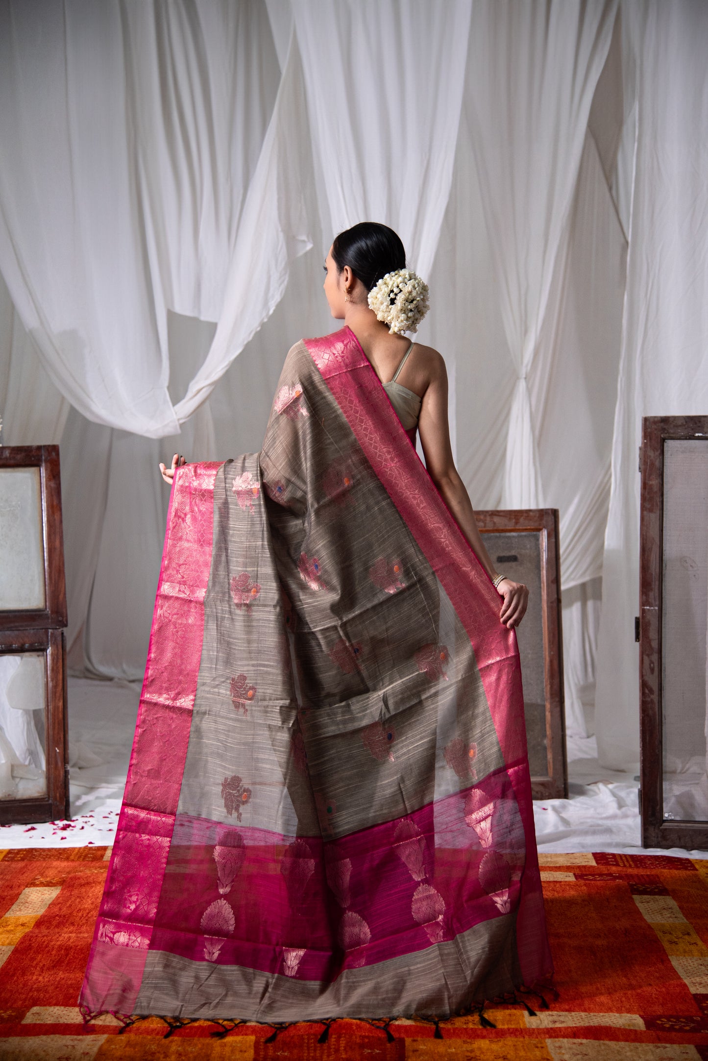 Banarasi Dual Tone Cotton Salab Pre draped Saree with Tassels