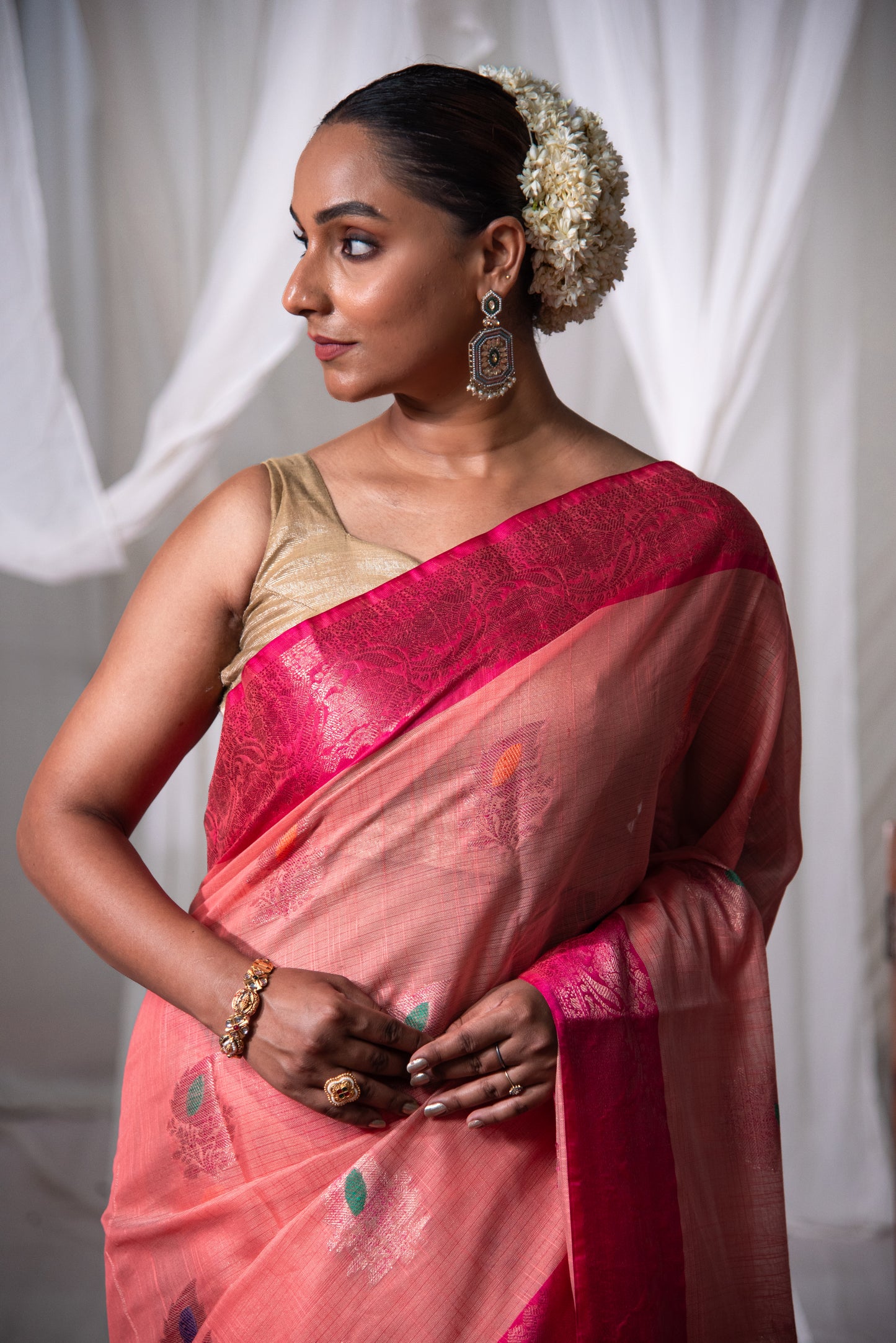 Banarasi Dual Tone Cotton Salab Pre Draped Saree with Detailing