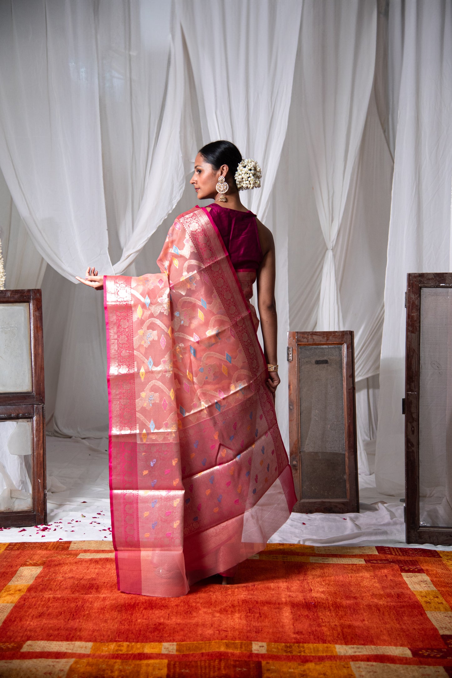 Banarasi Kota Organza Silk with Meenakari  work Pre Draped Saree with Intricate Details