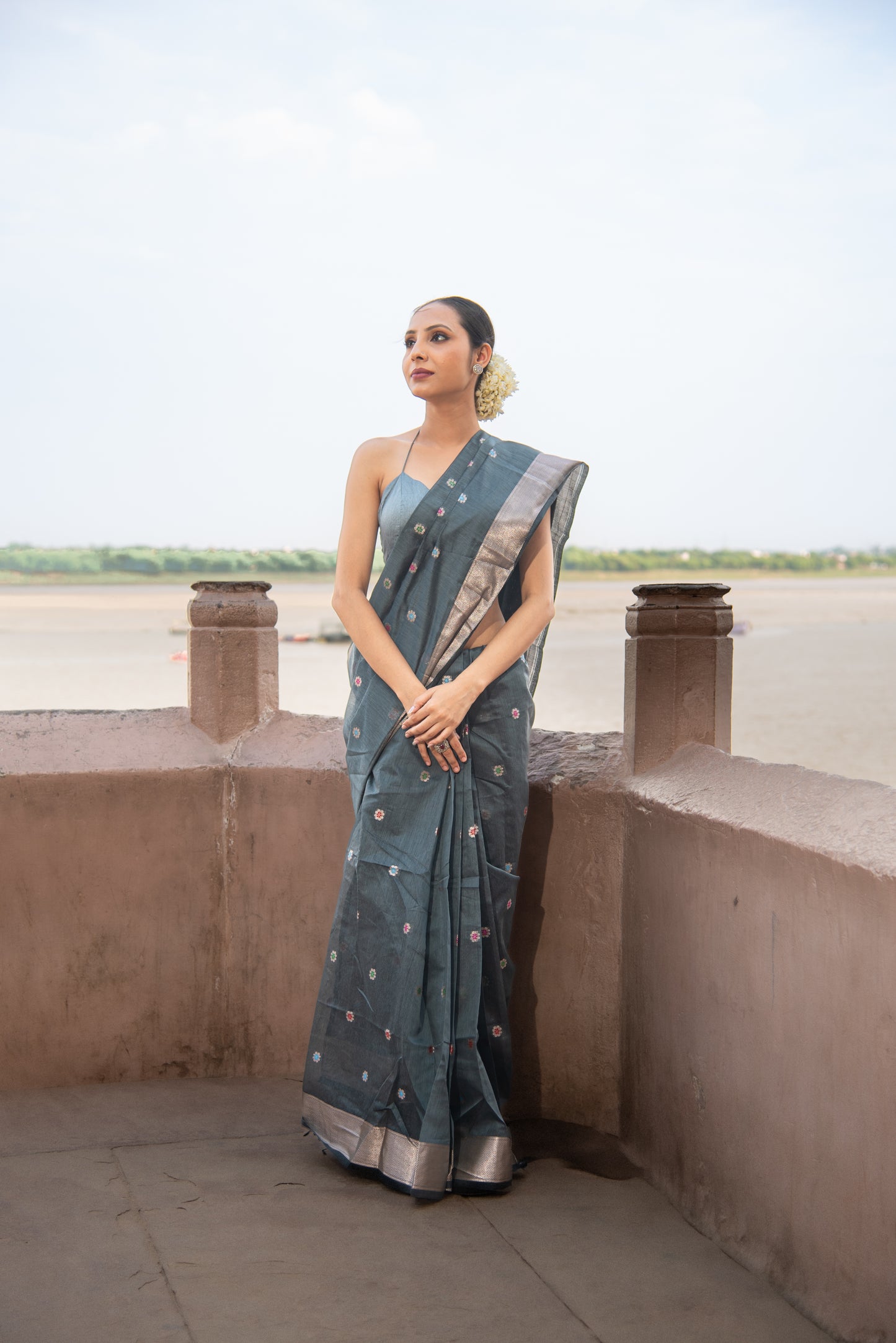 Banarasi Cotton Pre Draped Saree with Meena Work and Zari Border