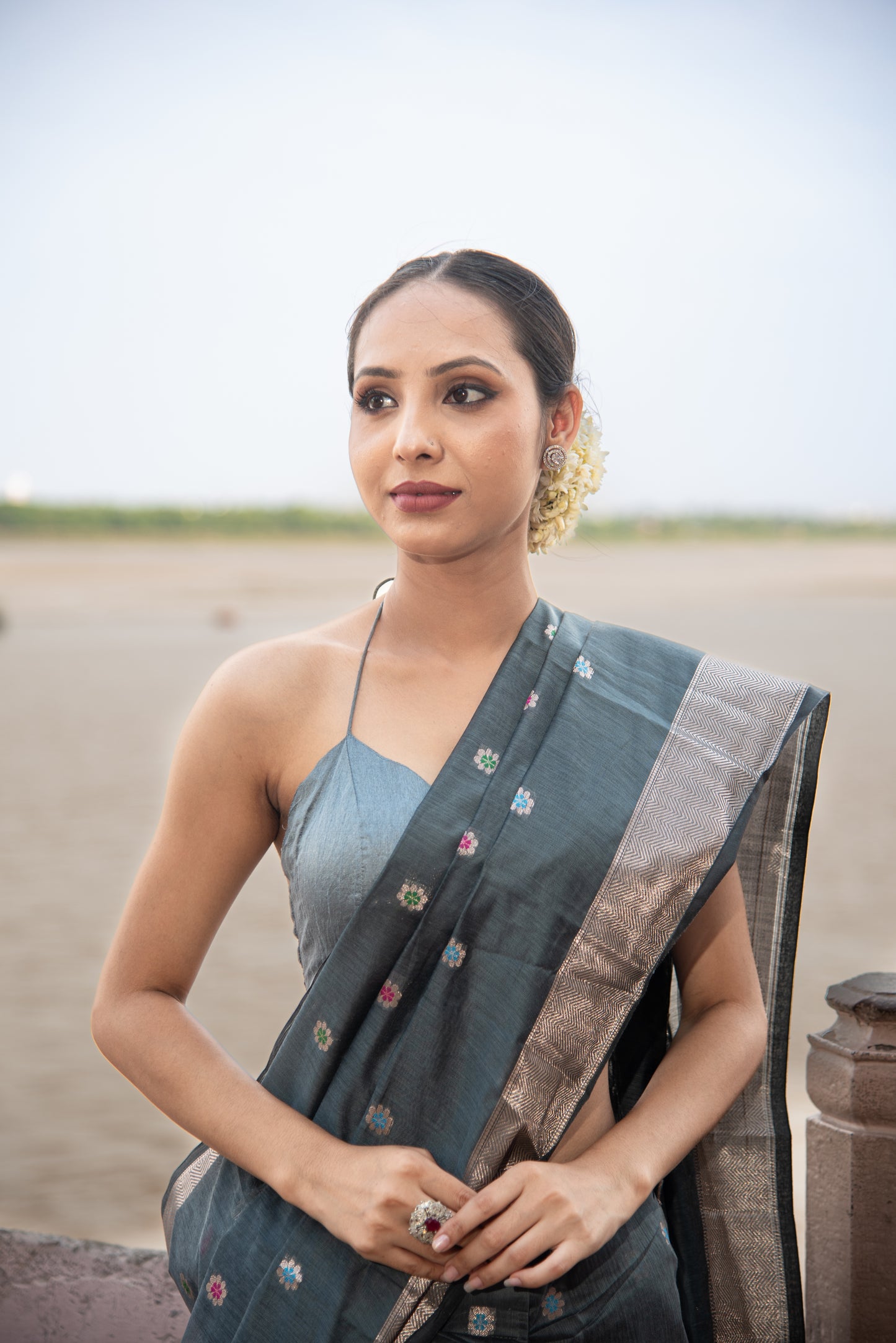 Banarasi Cotton Pre Draped Saree with Meena Work and Zari Border