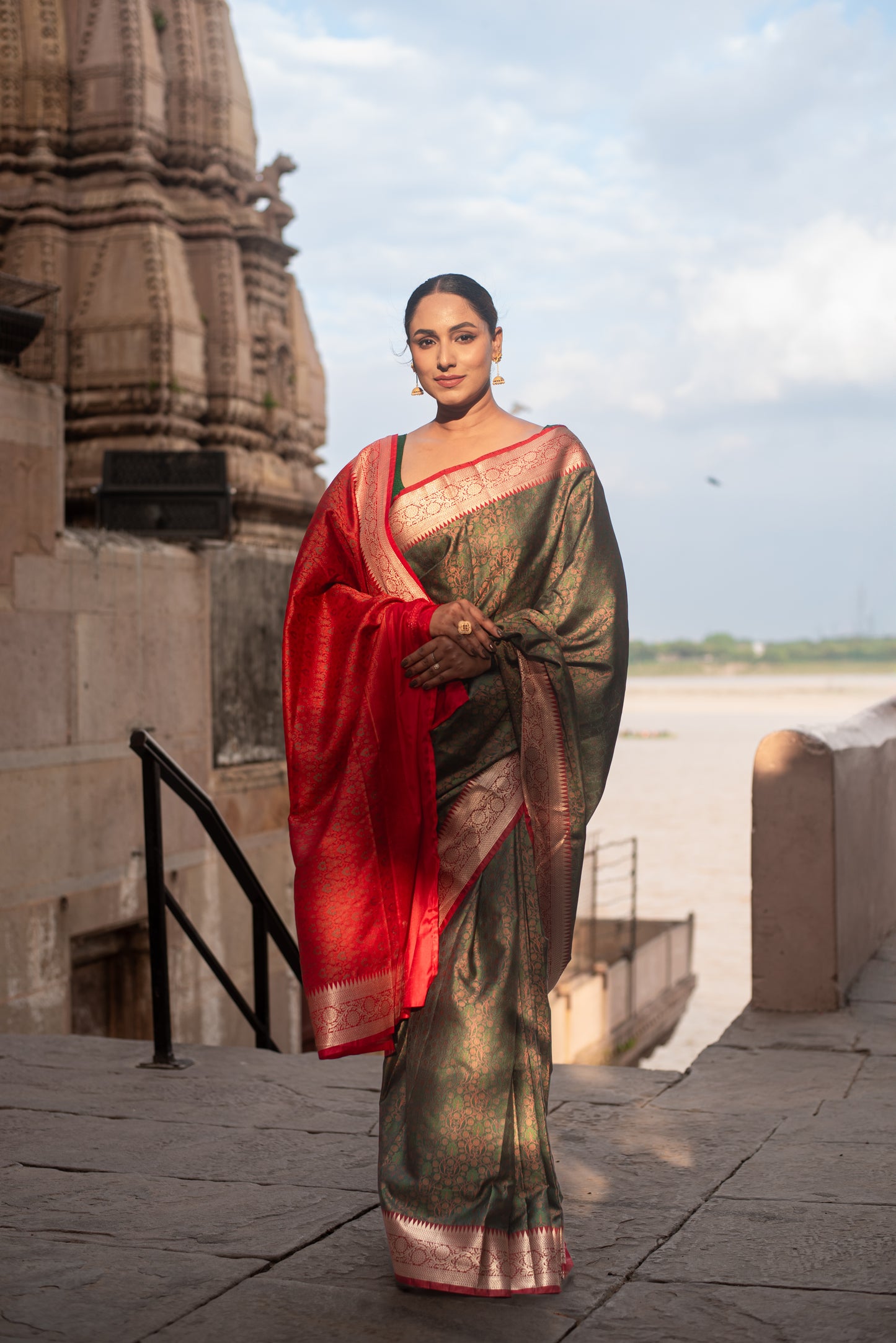 Banarasi Katan Tanchui Silk Pre Draped Saree with Dual Tone and Golden Intricate Border