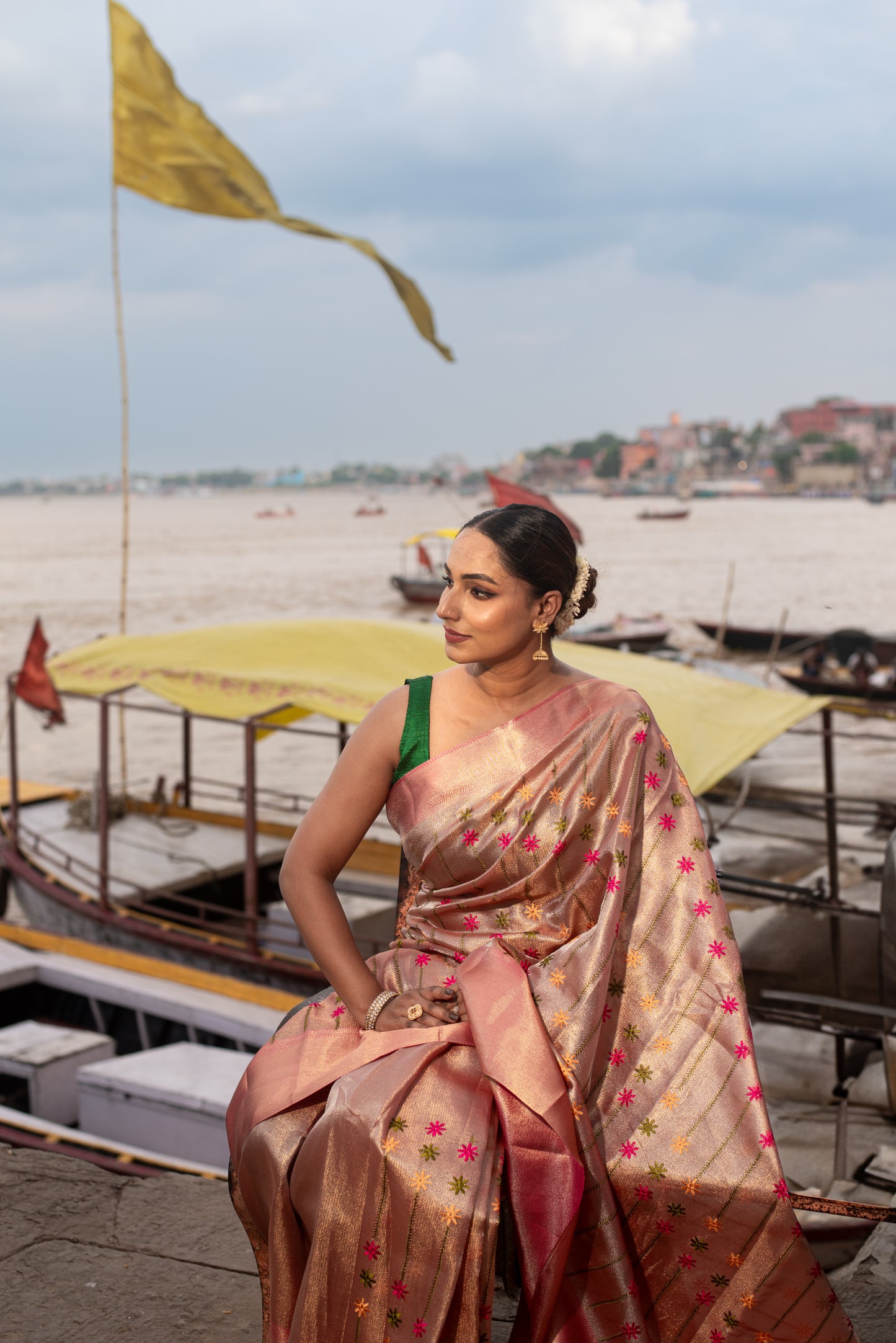 Jyothika Tissue Silk Pre Draped Saree with Silk Flower Embroidery