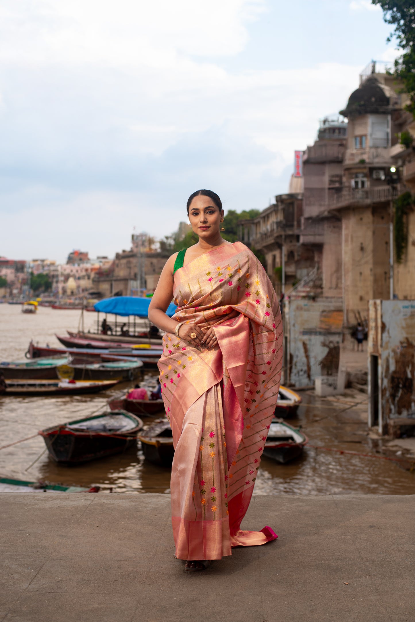 Jyothika Tissue Silk Pre Draped Saree with Silk Flower Embroidery