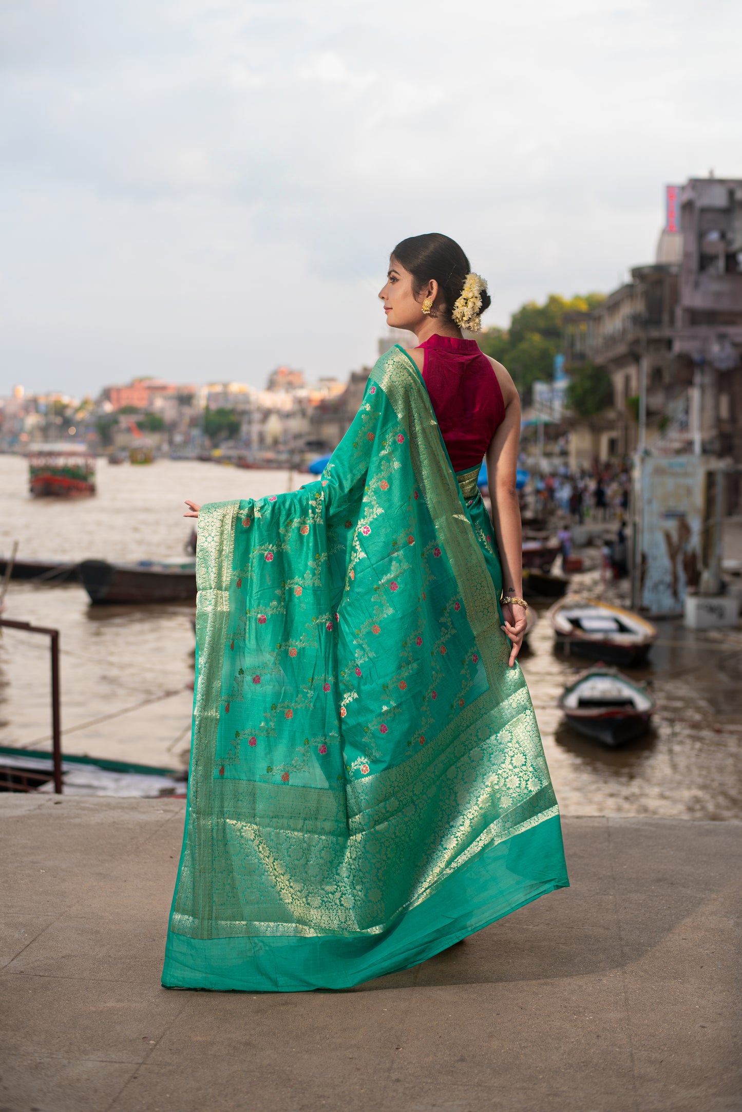 Banarasi Dupion Silk Pre Draped Saree with Silver Border and Elegant Floral Design
