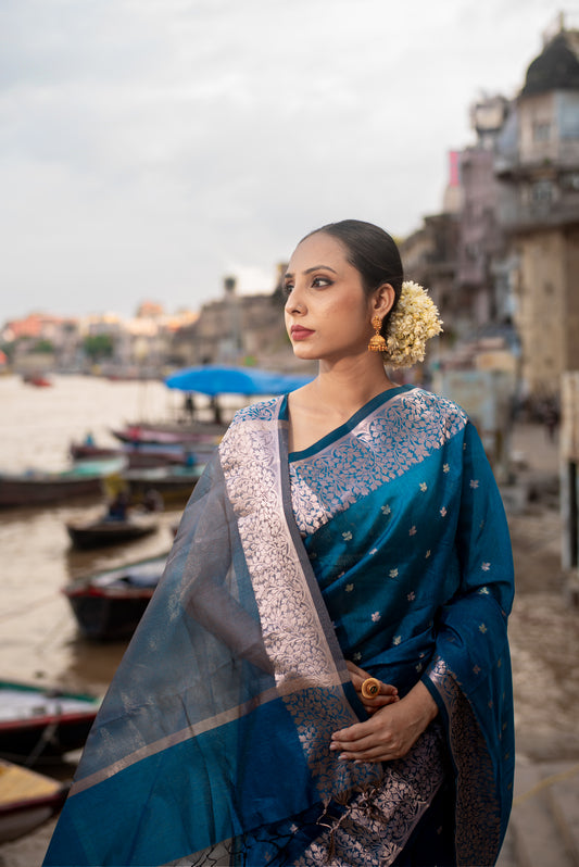 Banarasi Acrylic Cotton Pre Draped Saree with Silver Border and Designer Threads