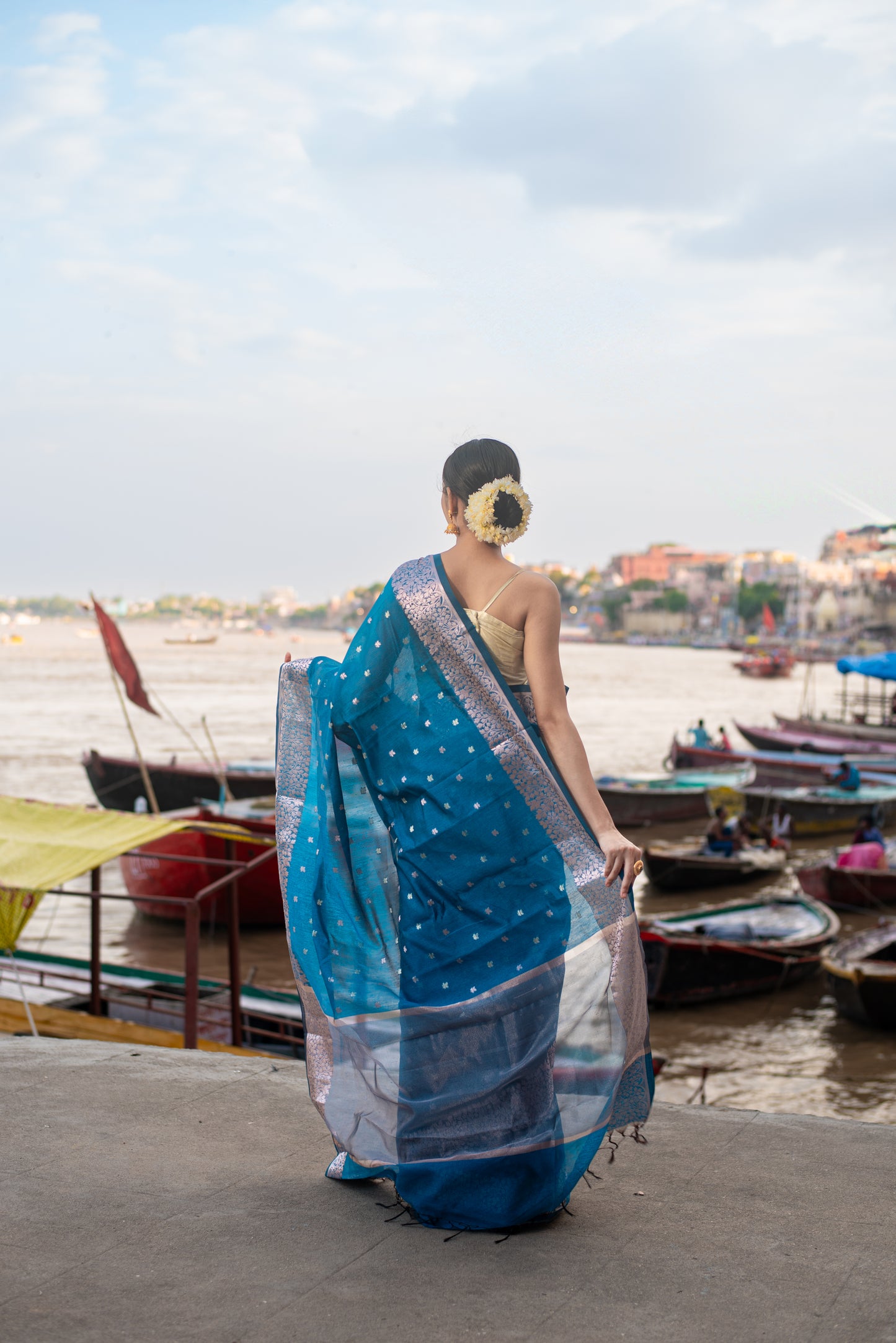 Banarasi Acrylic Cotton Pre Draped Saree with Silver Border and Designer Threads