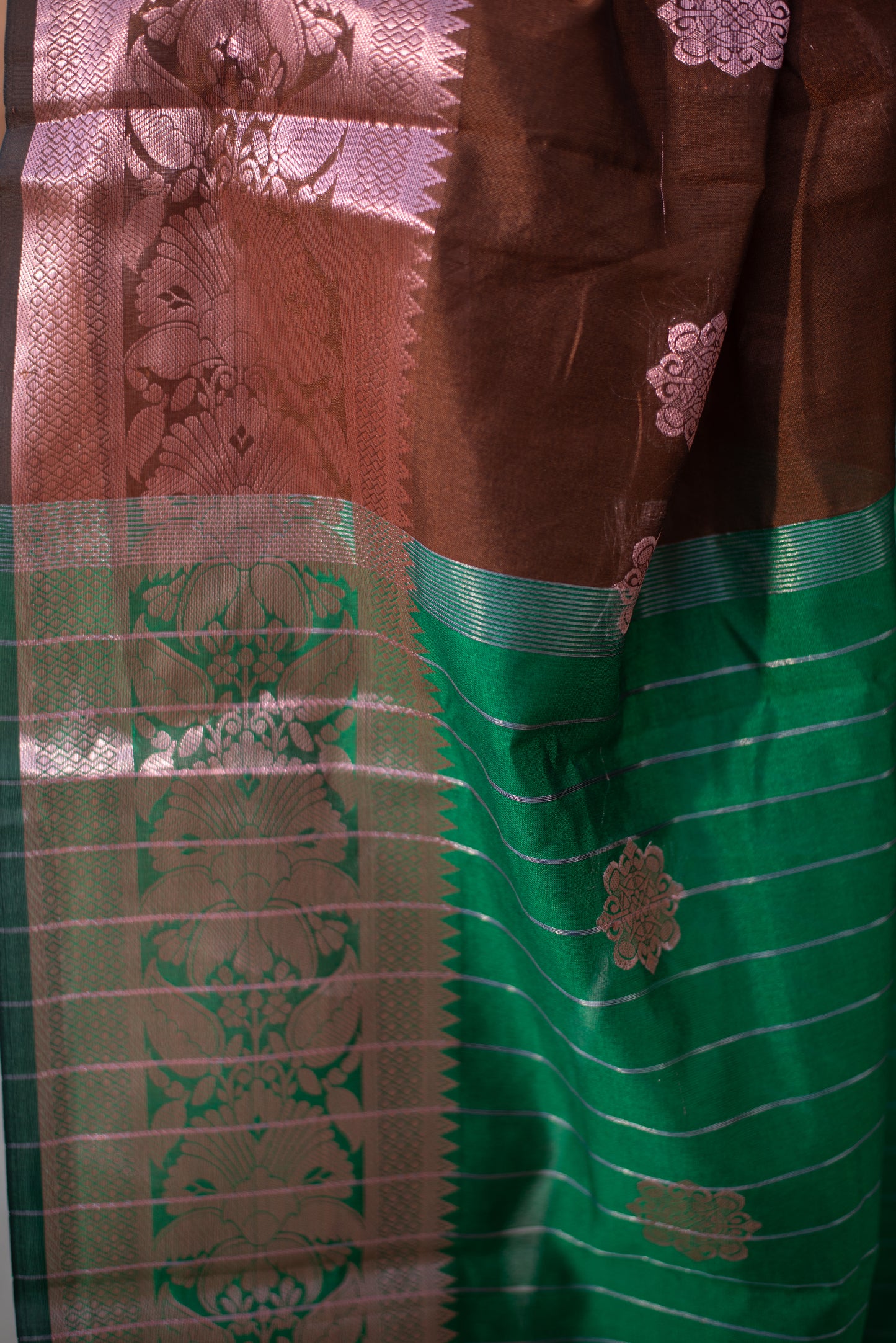 Banarasi Semi Cotton Pre Draped Saree with Dual Tone and Blended Silver Border