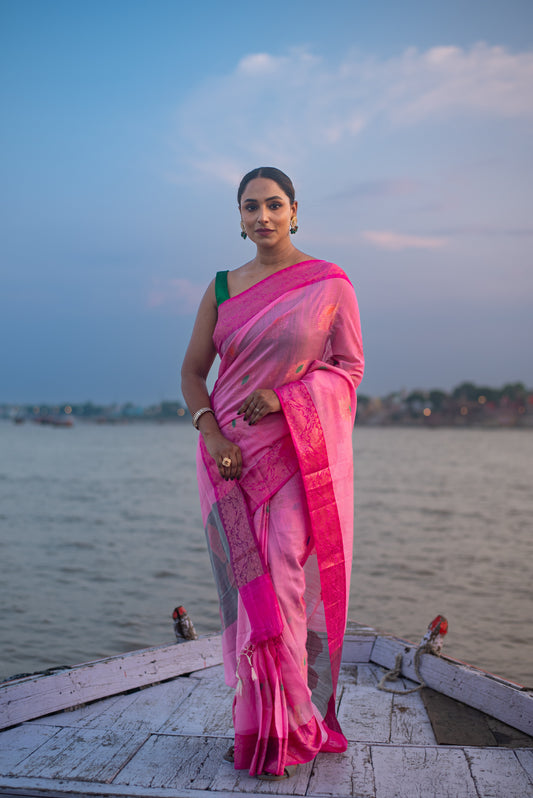 Banarasi Cotton Pre Draped Saree with Blended Salab and Border