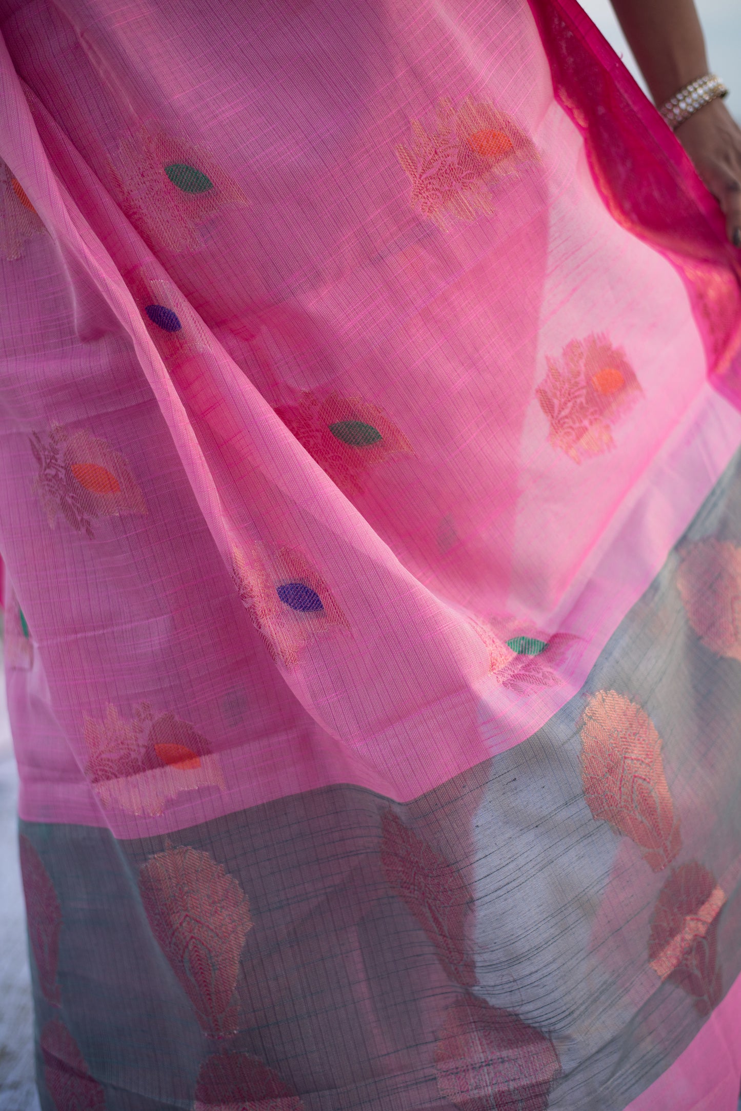 Banarasi Cotton Pre Draped Saree with Blended Salab and Border