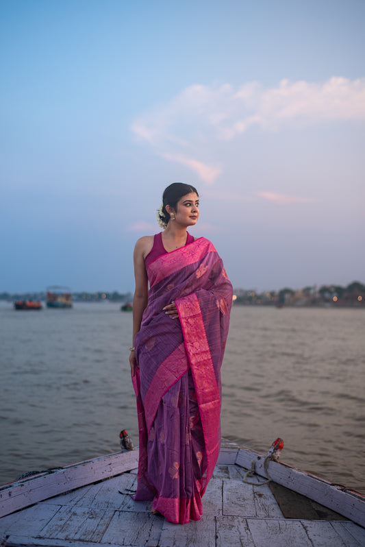 Banarasi Cotton Pre Draped Saree with Blended Salab and Dual Tone Border