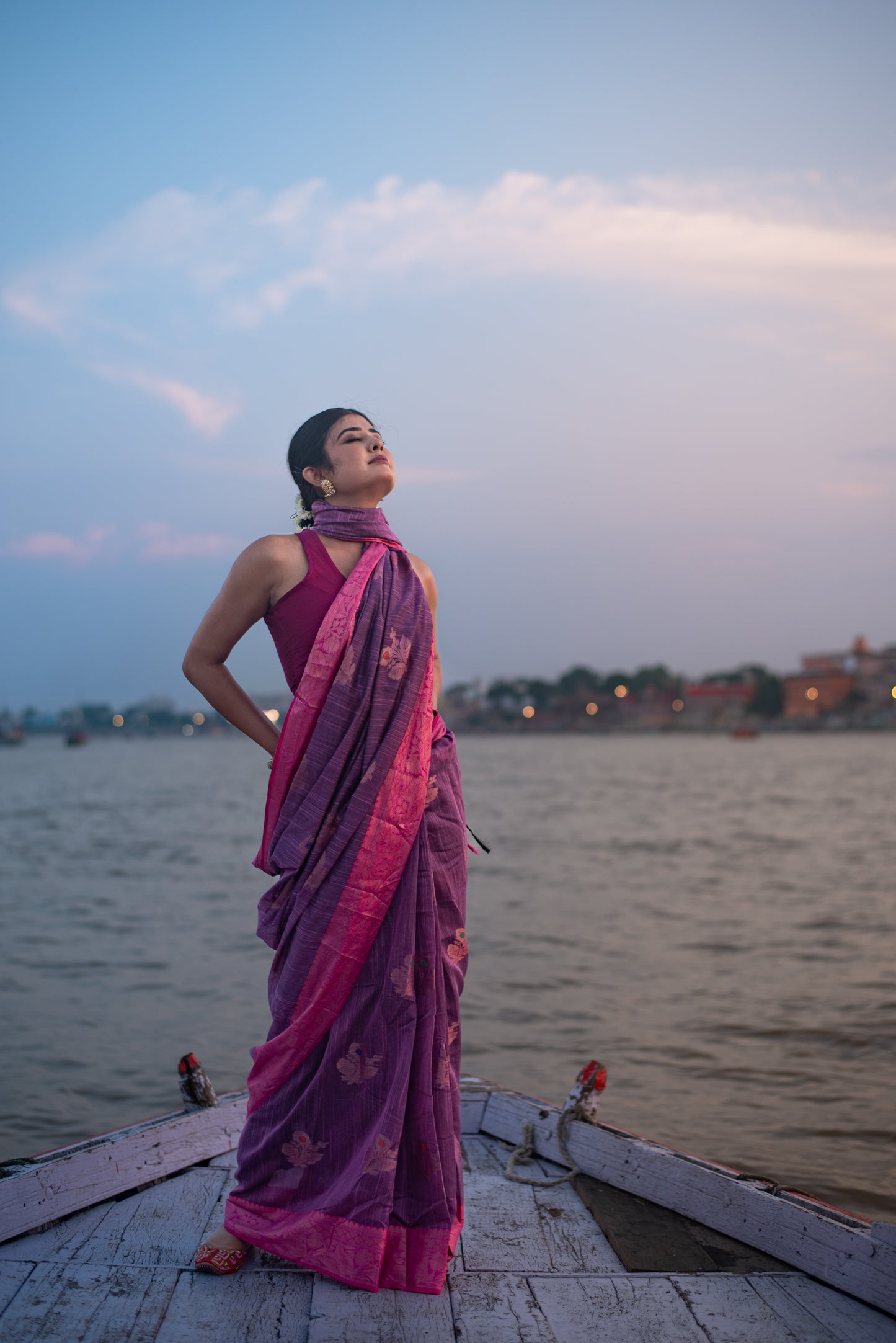 Banarasi Cotton Pre Draped Saree with Blended Salab and Dual Tone Border