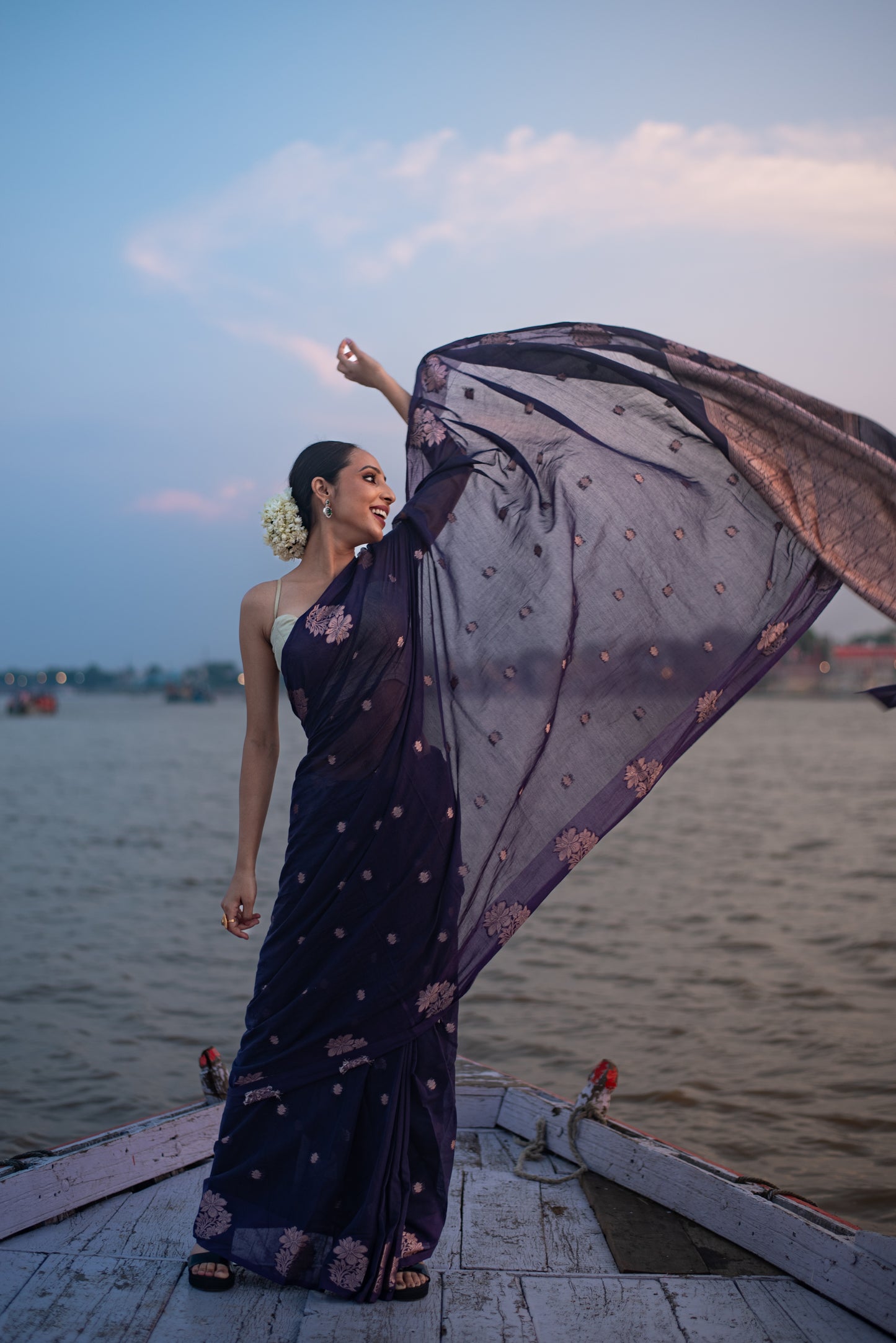 Banarasi Raw Mango Pre Draped Saree with Blended Cotton and Paternal Floral Border