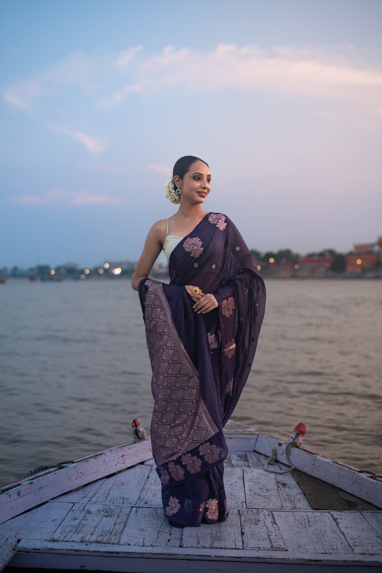 Banarasi Raw Mango Pre Draped Saree with Blended Cotton and Paternal Floral Border