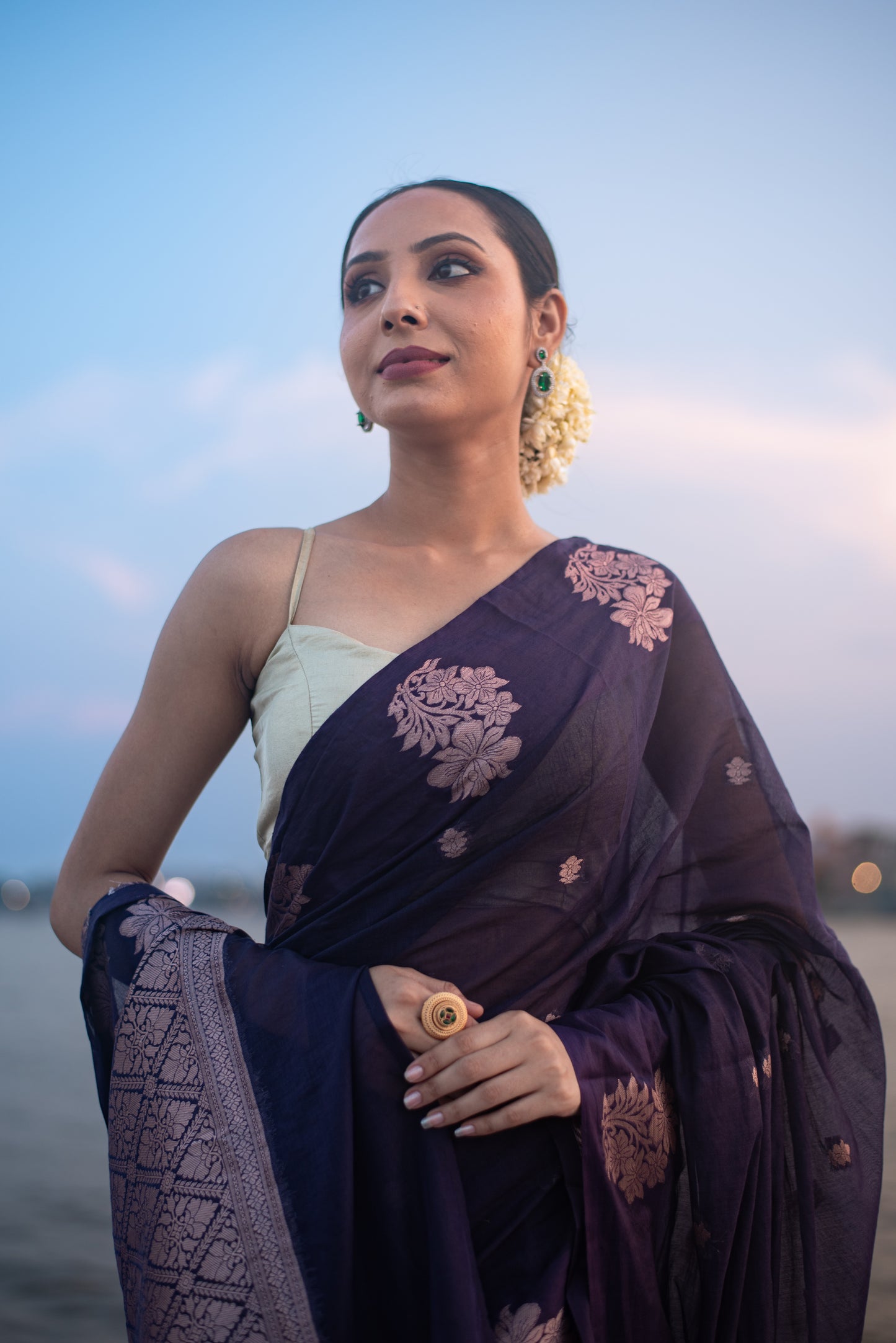 Banarasi Raw Mango Pre Draped Saree with Blended Cotton and Paternal Floral Border
