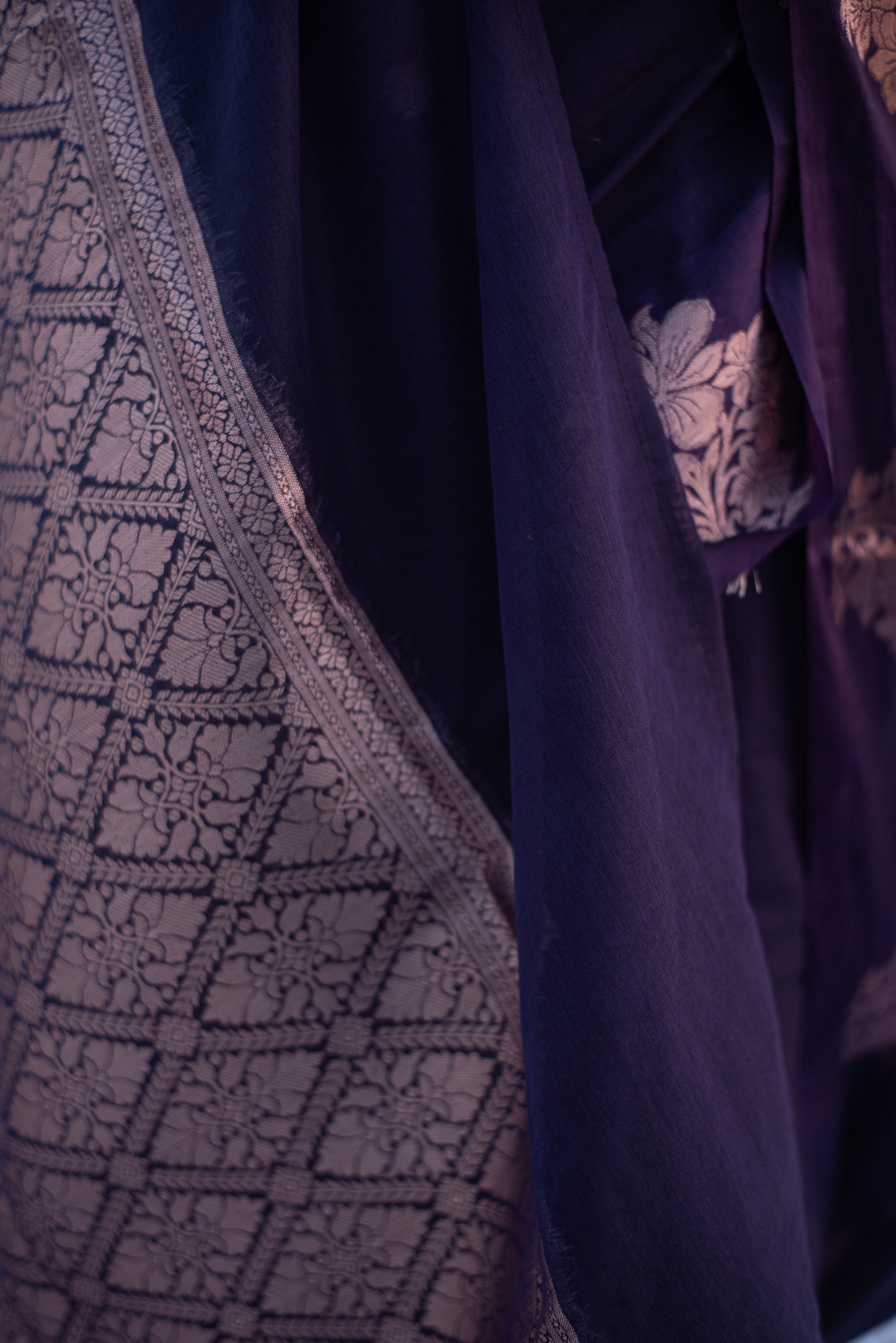 Banarasi Raw Mango Pre Draped Saree with Blended Cotton and Paternal Floral Border