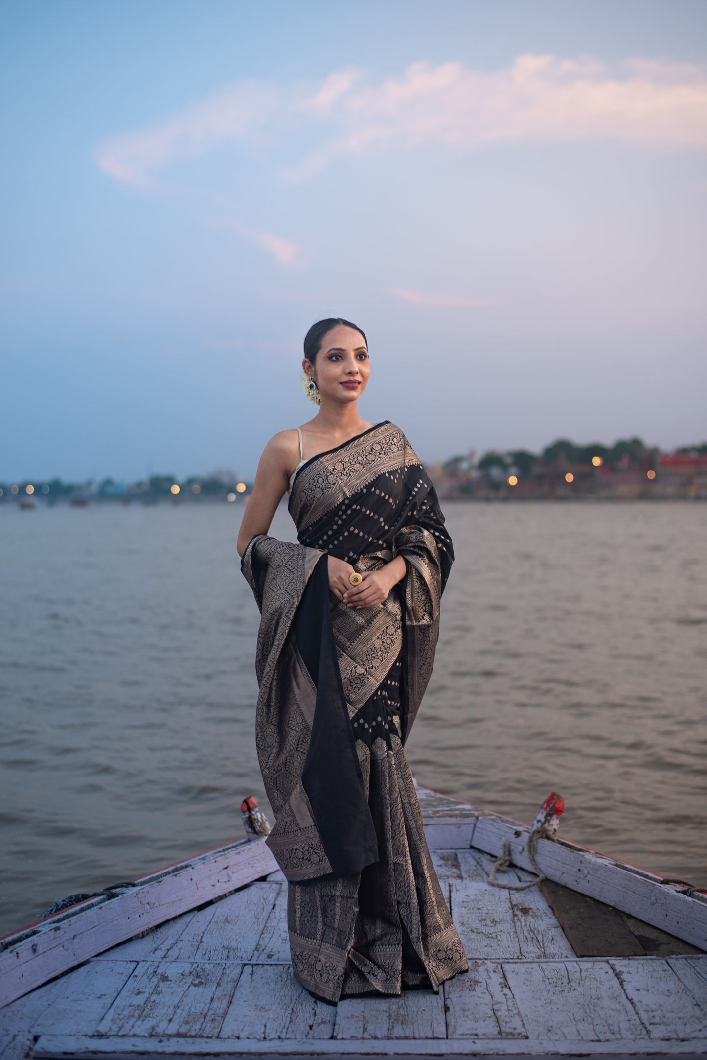 Banarasi Katan Silk Pre Draped Saree with Silver Work and Border