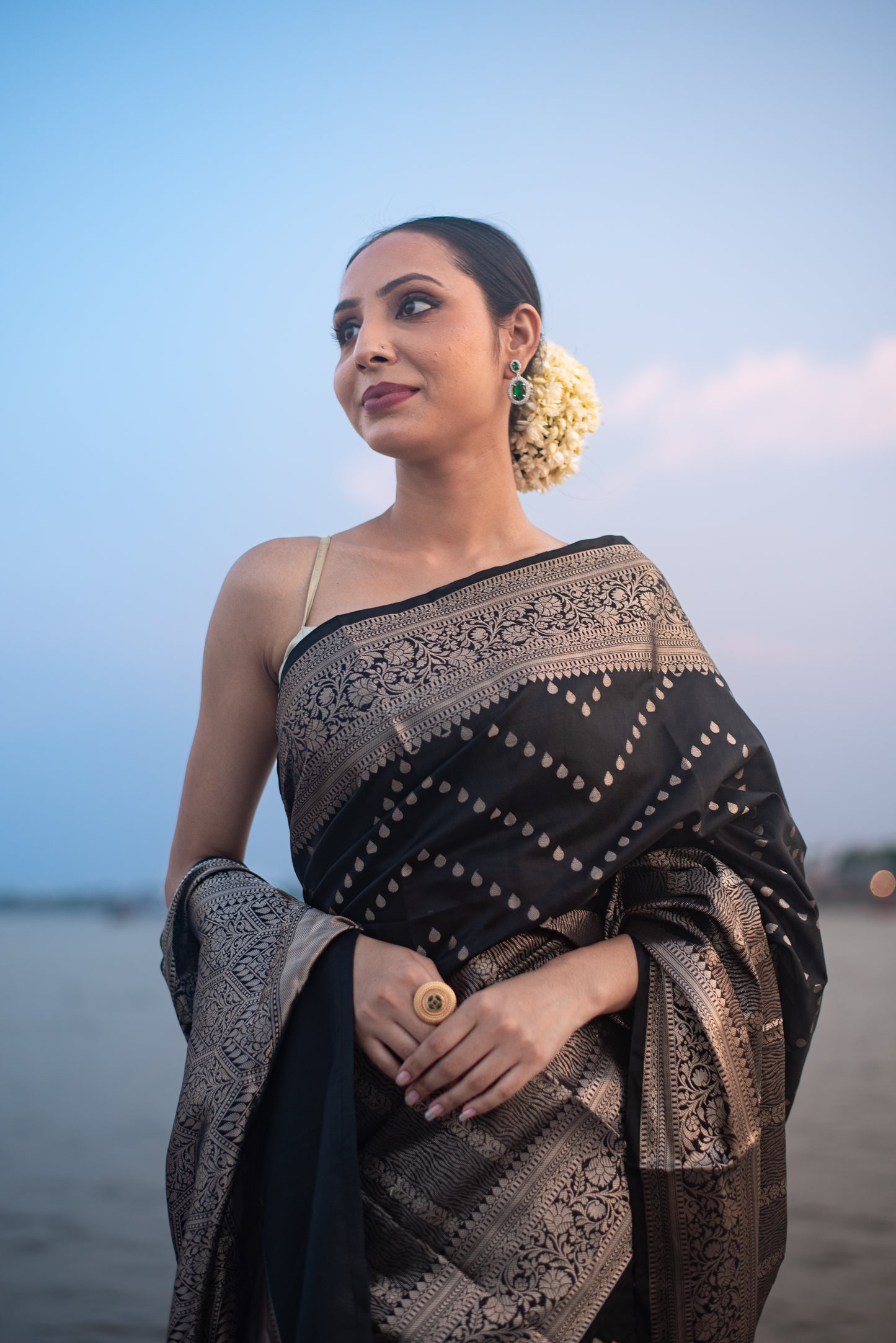 Banarasi Katan Silk Pre Draped Saree with Silver Work and Border