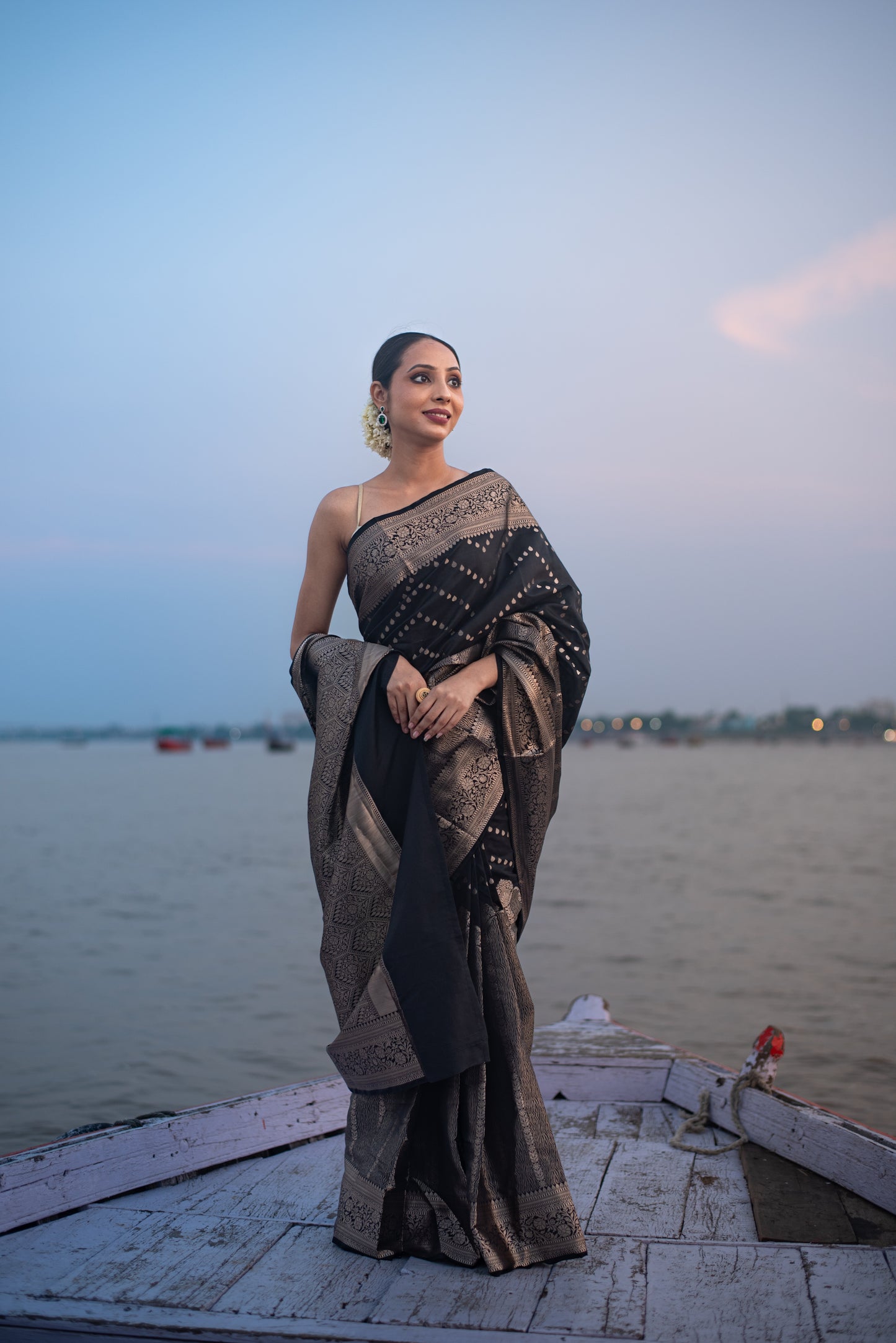 Banarasi Katan Silk Pre Draped Saree with Silver Work and Border