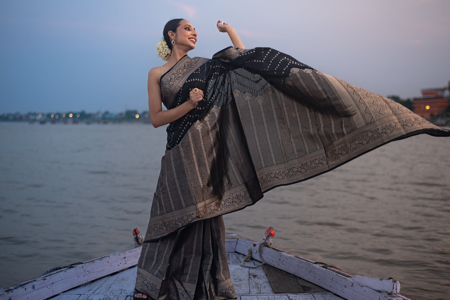 Banarasi Katan Silk Pre Draped Saree with Silver Work and Border