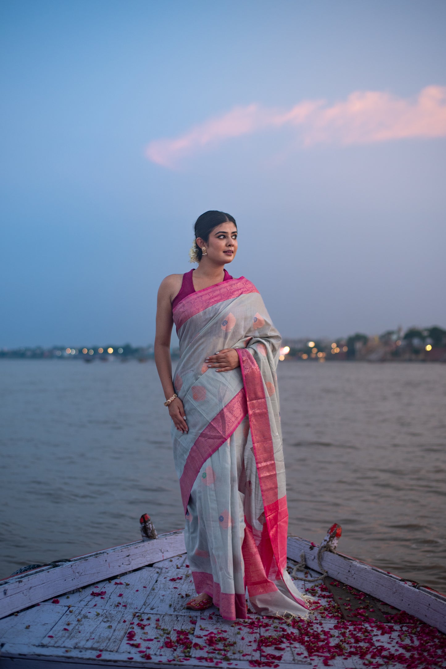 Banarasi Cotton Pre Draped Saree with Blended Salab and Pink Border