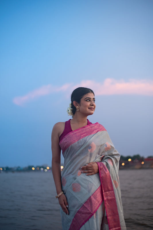 Banarasi Cotton Pre Draped Saree with Blended Salab and Pink Border