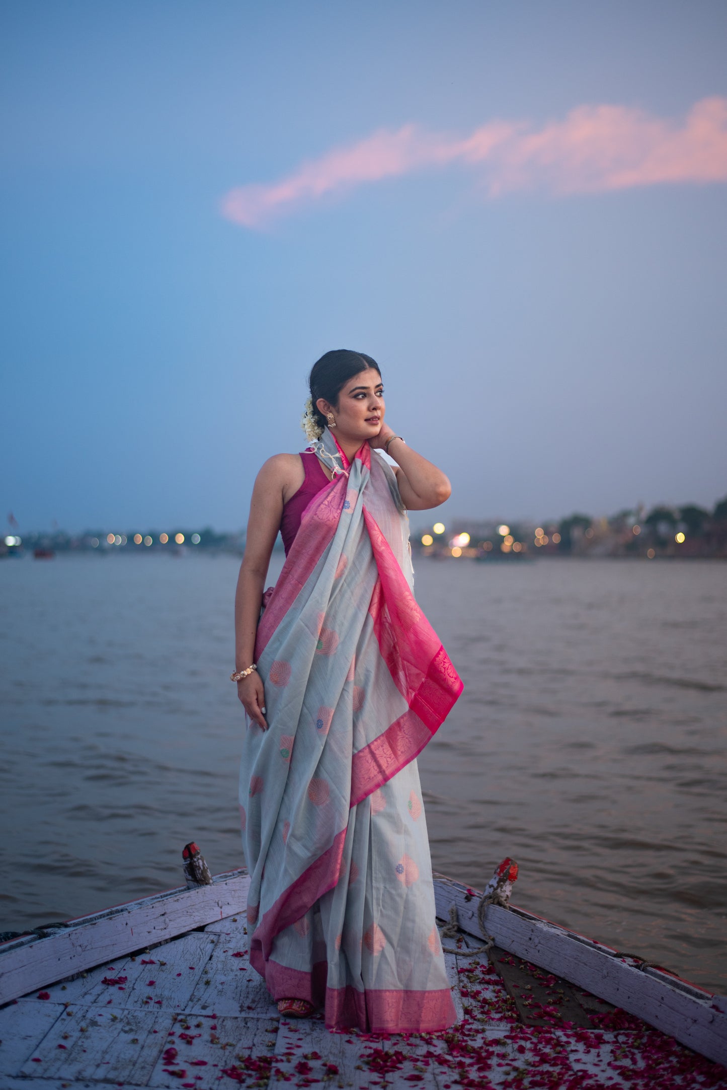 Banarasi Cotton Pre Draped Saree with Blended Salab and Pink Border