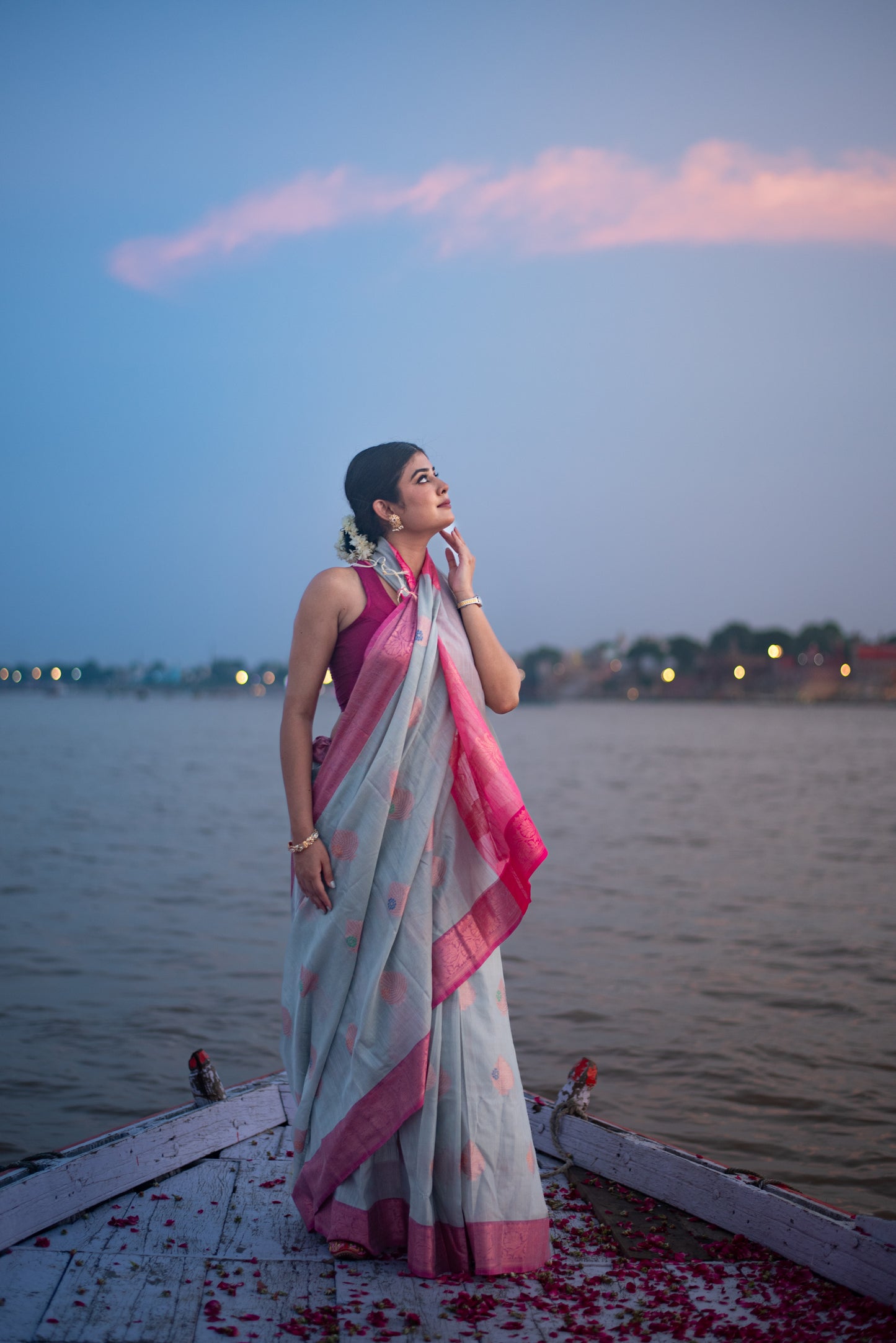 Banarasi Cotton Pre Draped Saree with Blended Salab and Pink Border
