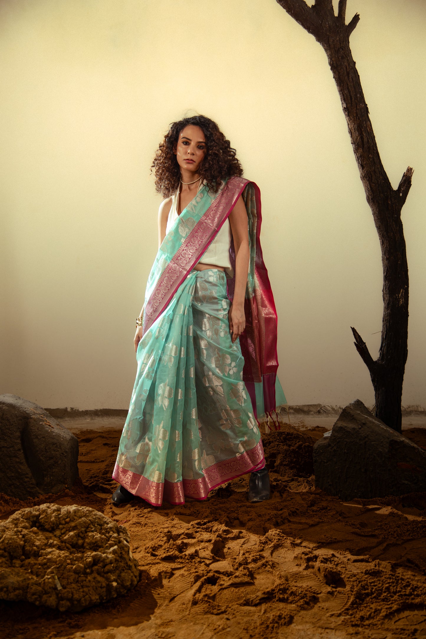Monika Silk Banarasi Pre Draped Saree with Dual Color