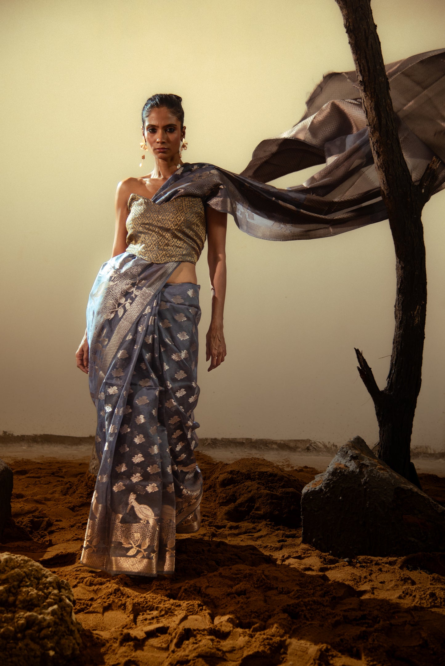 Viscose Silk Banarasi Pre Draped Saree with Golden Details