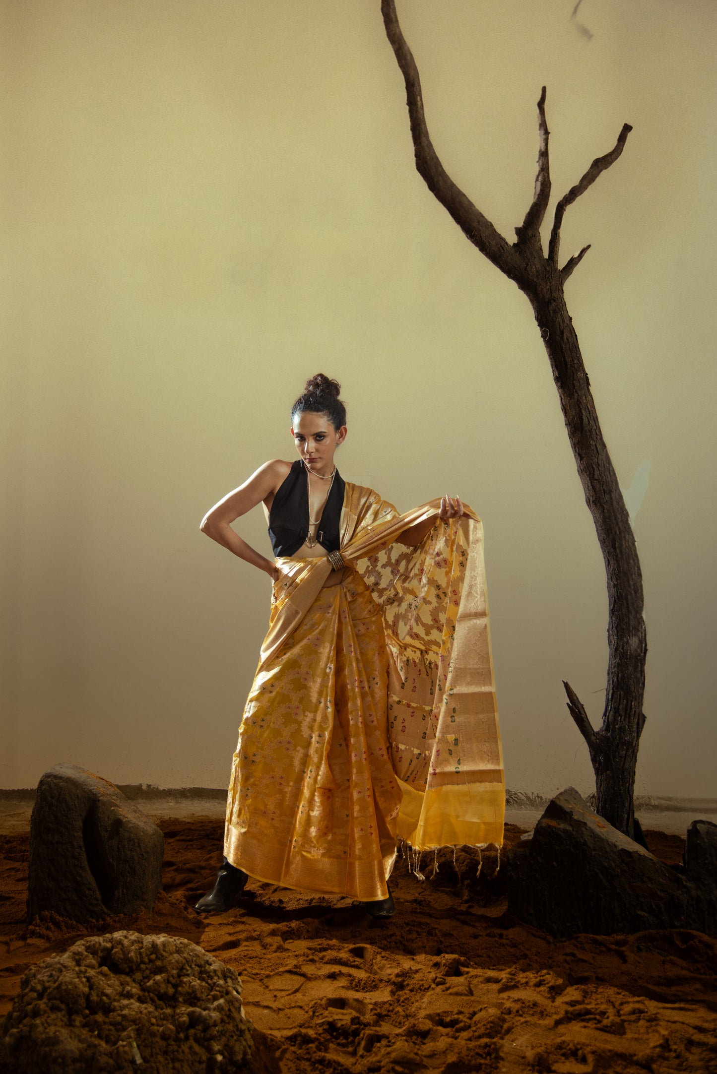 Banarasi Malmal Silk Predraped Saree with Meena Jaal Work