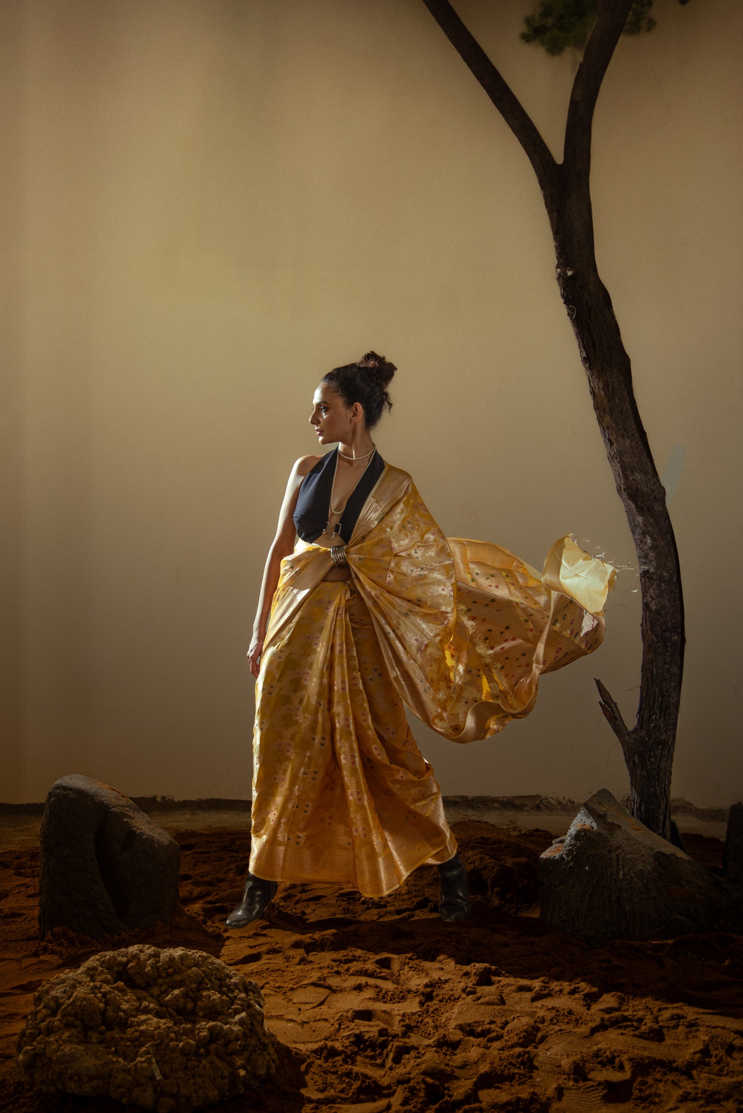 Banarasi Malmal Silk Predraped Saree with Meena Jaal Work