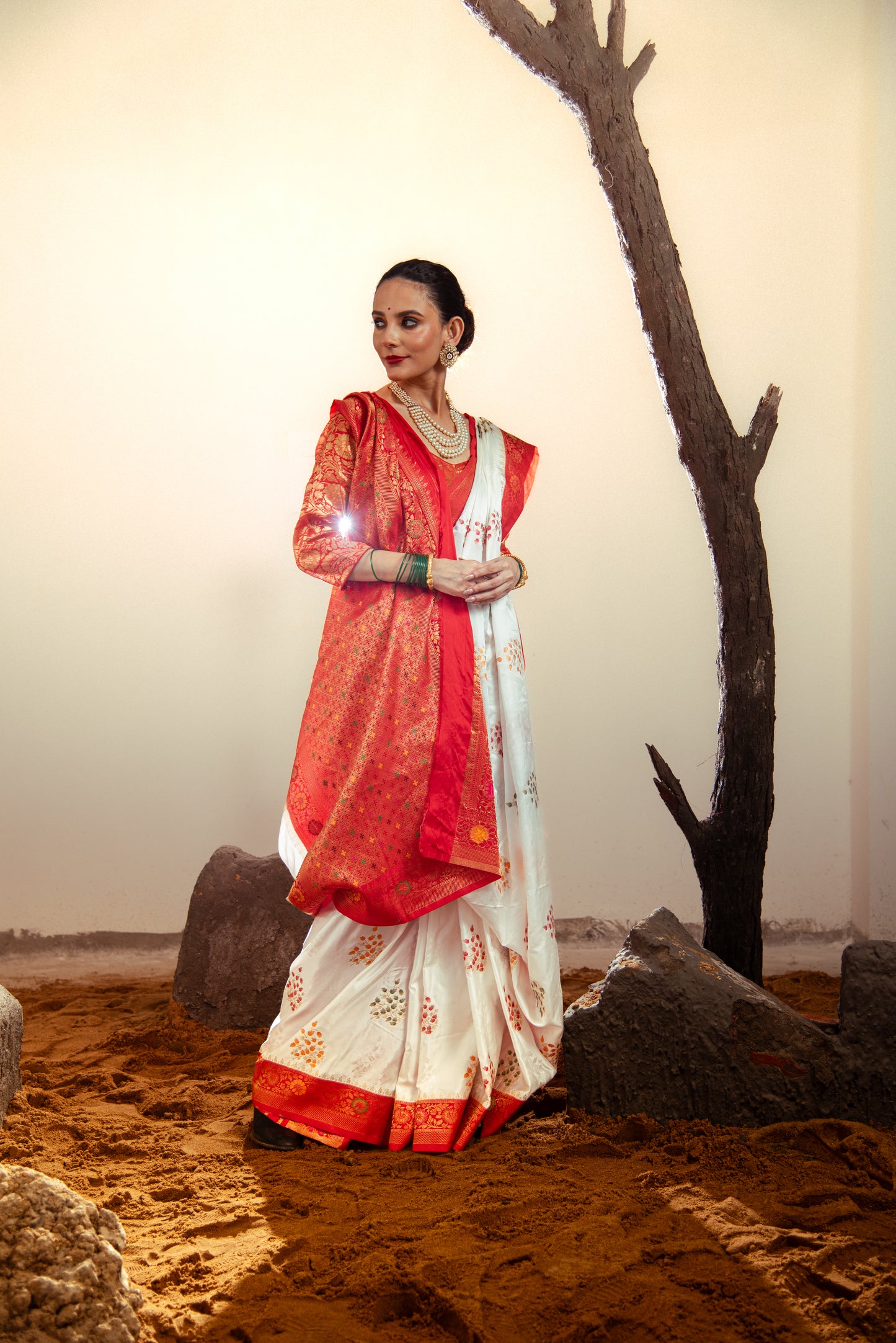 Mashru Satin Silk PreDraped White Saree with Red Border