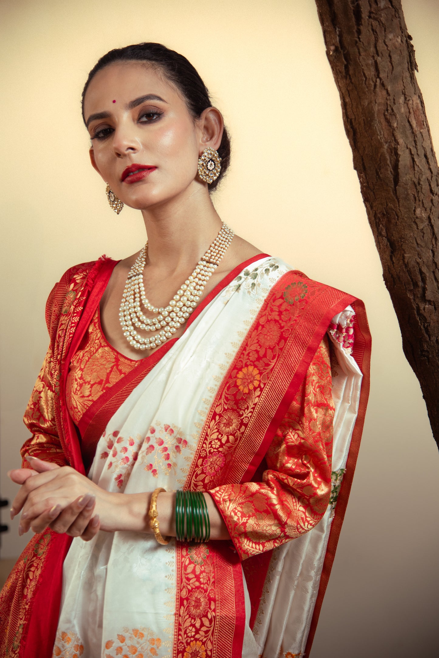 Mashru Satin Silk PreDraped White Saree with Red Border