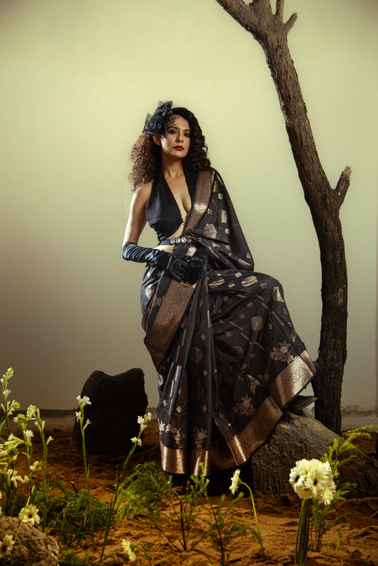 Raw Mango Silk Predraped Saree with Heavy Border and Golden Details