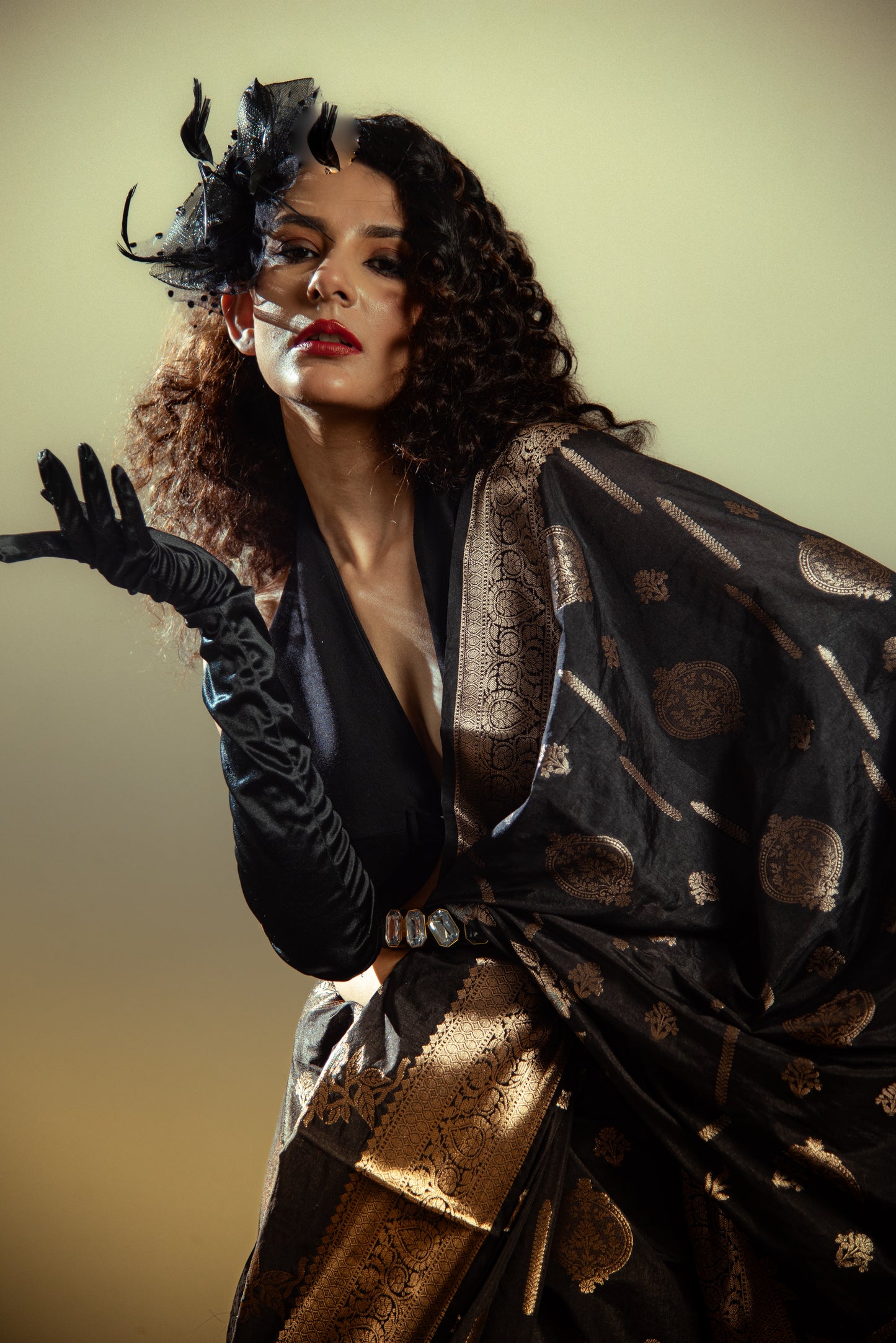 Raw Mango Silk Predraped Saree with Heavy Border and Golden Details