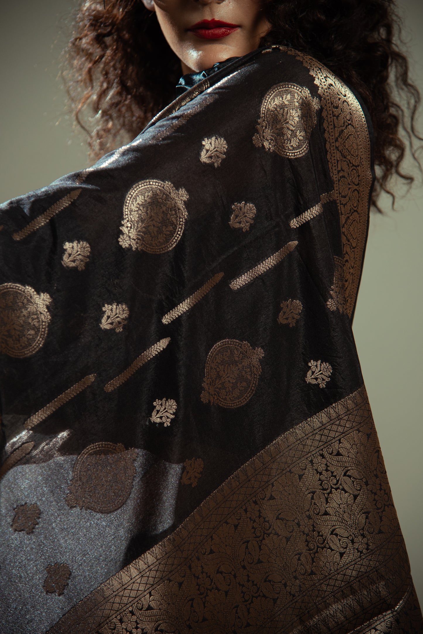 Raw Mango Silk Predraped Saree with Heavy Border and Golden Details