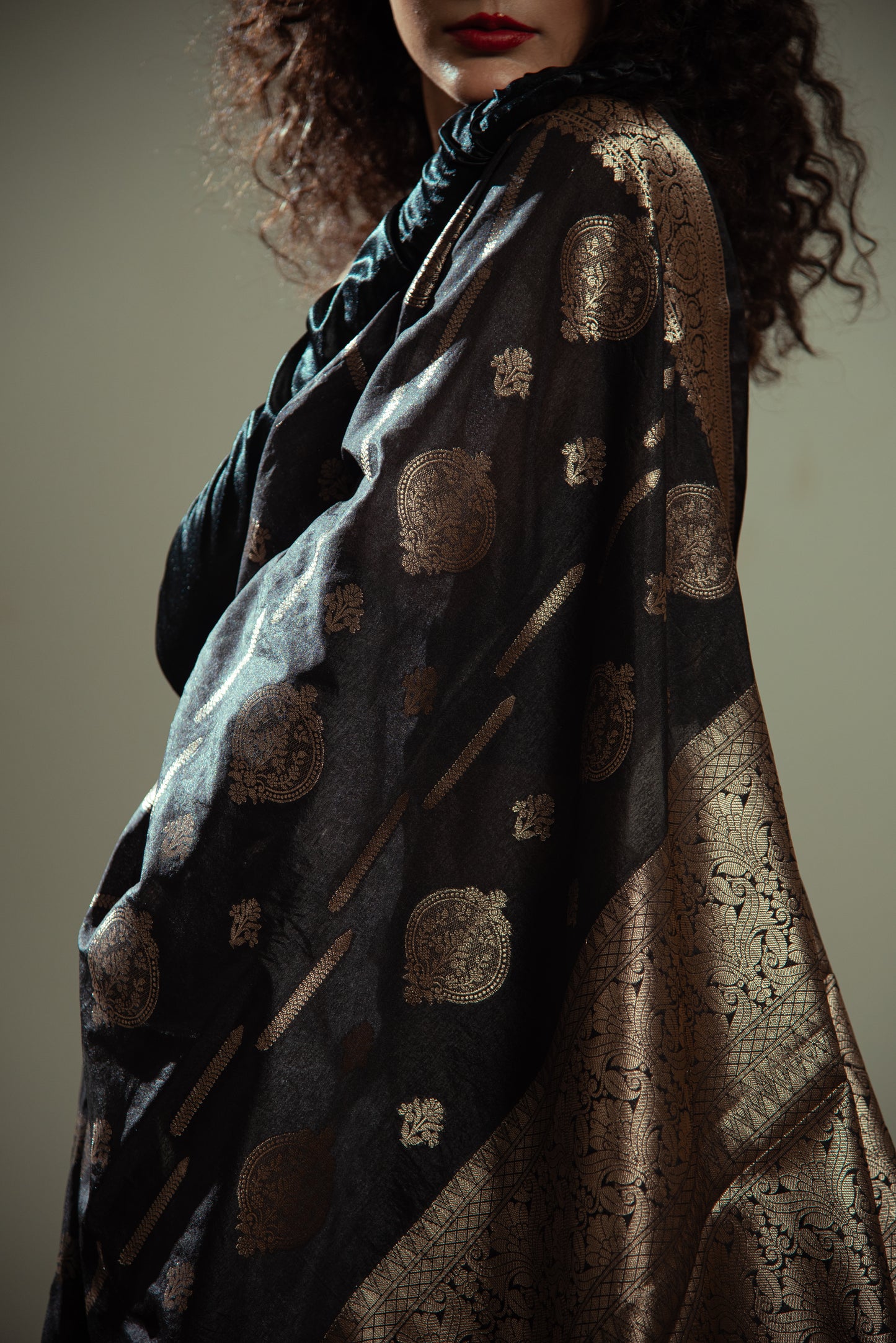 Raw Mango Silk Predraped Saree with Heavy Border and Golden Details